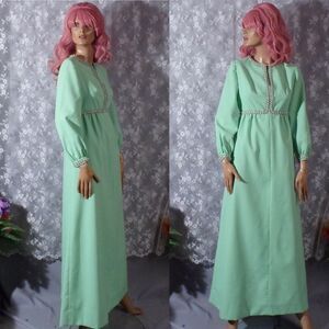Vintage 60s Maxi Dress Size Small 1960s Retro Mint Green Long Glam Boho Hippie